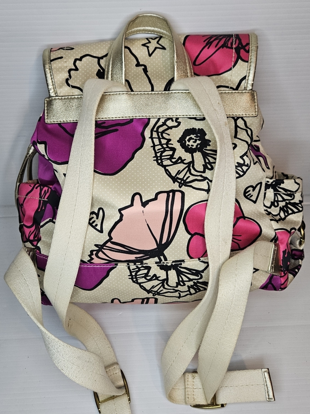 COACH Kyra Floral Poppy Print Backpack Pink White Purple Gold Tone Bag - Picture 4 of 16